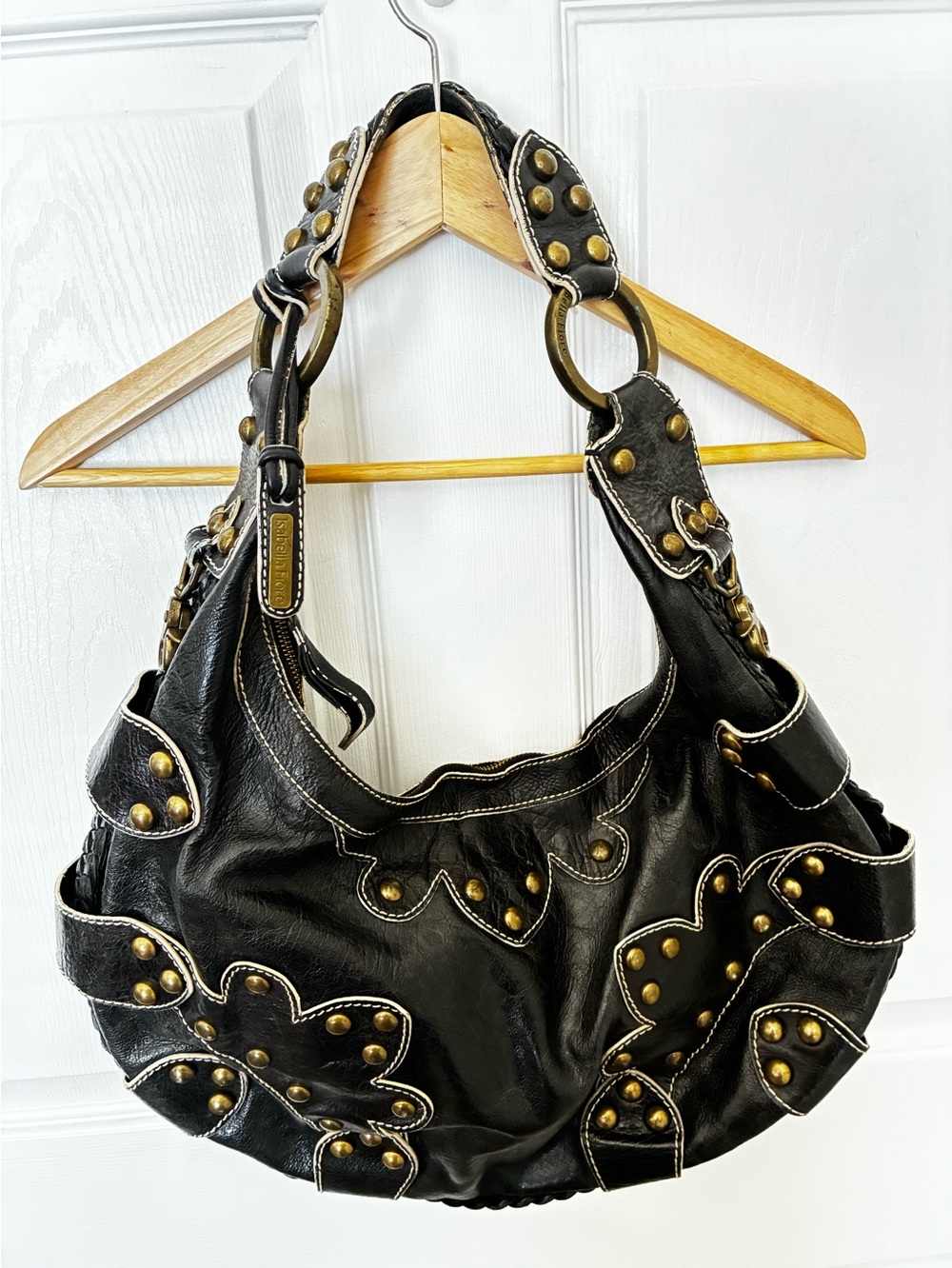 Isabella Fiore Black Leather Shoulder Bag with Gold Studs